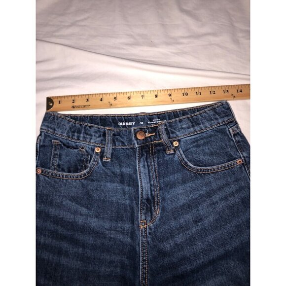 Old Navy High Rise Slouchy Straight Jeans Girls Size 12 Dark Wash Blue Distress - Picture 5 of 8